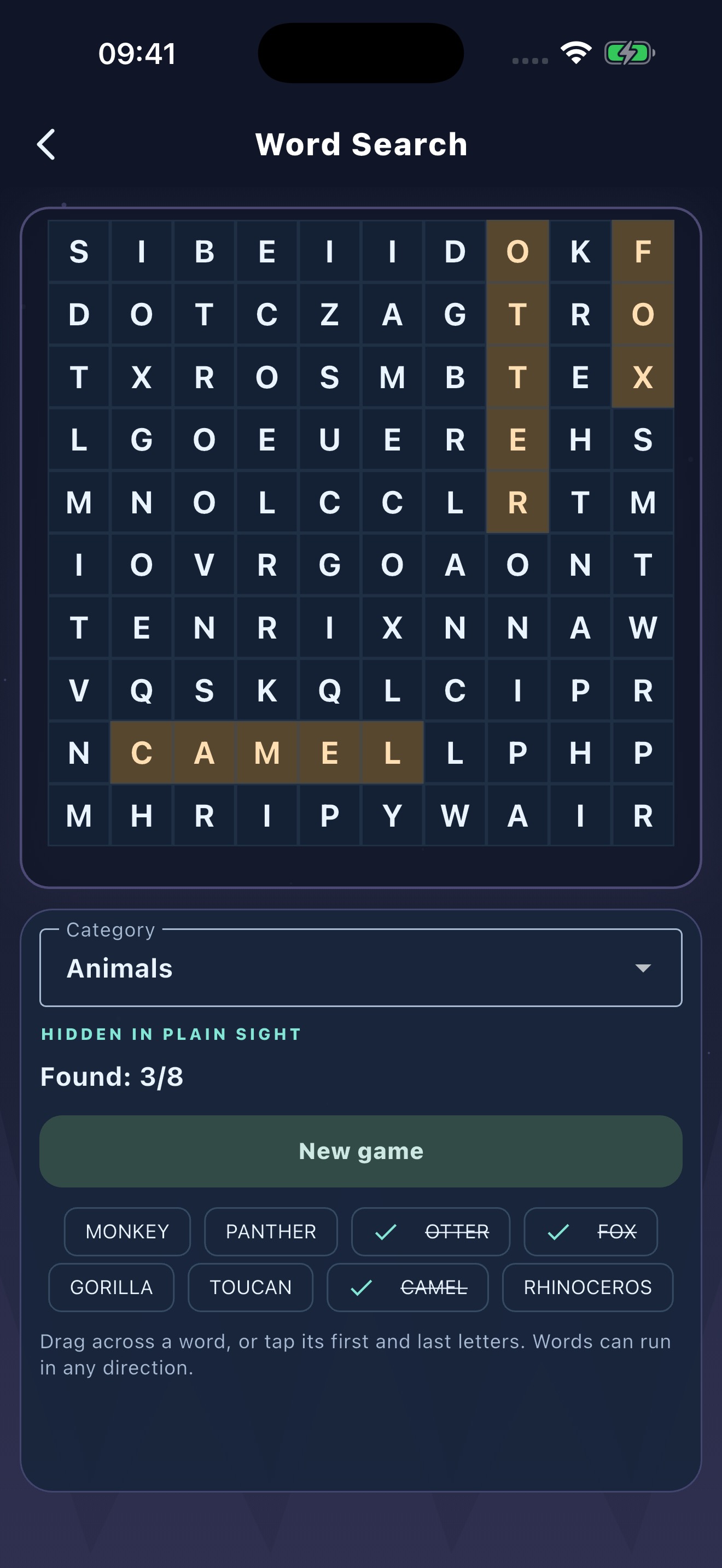 Word Search letter grid and words to find